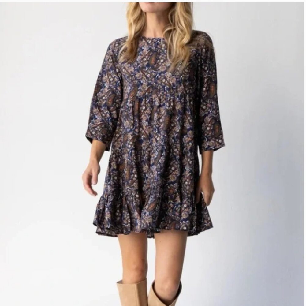 Natural Life Navy Floral Paisley Ruffle Mini Tiered Cottagecore Dress Size Large